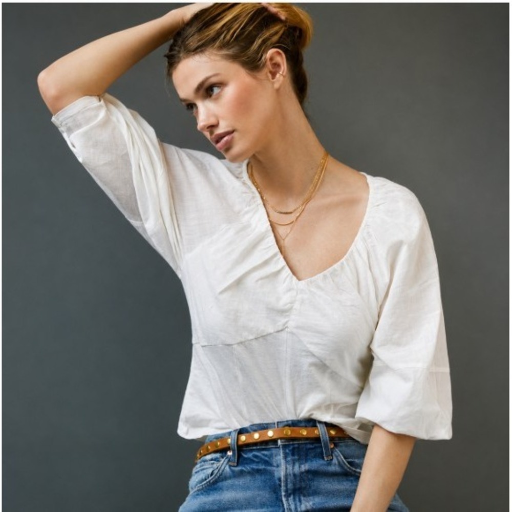 Anthropologie White Corset Ruched Deep V-Neck Peasant Boho Long Sleeve Blouse L